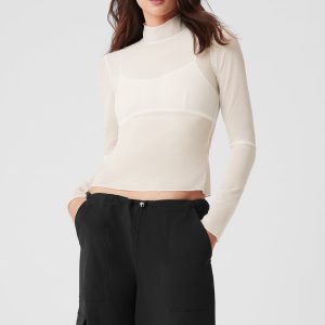 Mesh Sheer Illusion Mock Neck Long Sleeve - Ivory