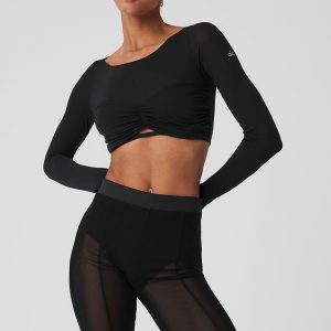 Mesh Sheer Illusion Cropped Long Sleeve - Black