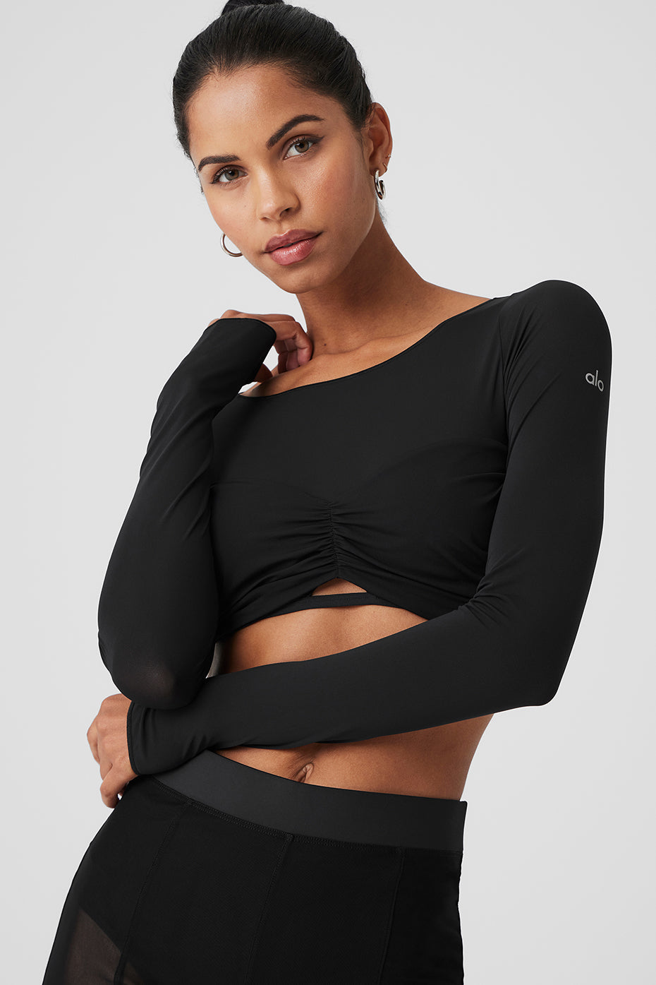 Mesh Sheer Illusion Cropped Long Sleeve - Black - Image 4