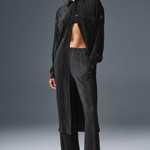 Micro Plisse Shirt Dress - Black