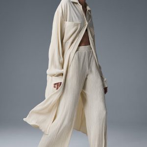 Micro Plisse Shirt Dress - Oat Milk