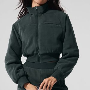 Polar Fleece Cropped Wintry Mix Jacket - Charcoal Green