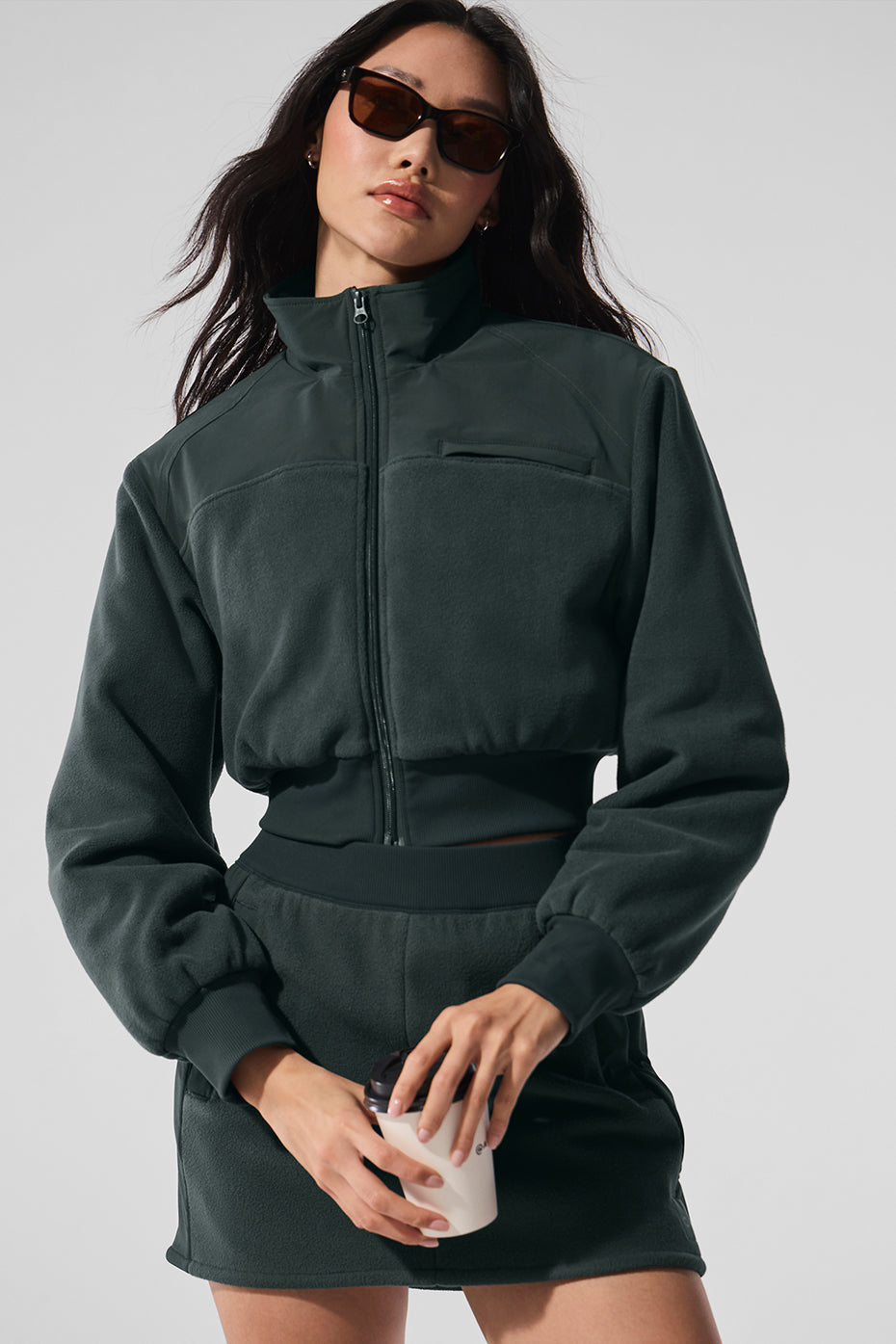 Polar Fleece Cropped Wintry Mix Jacket - Charcoal Green
