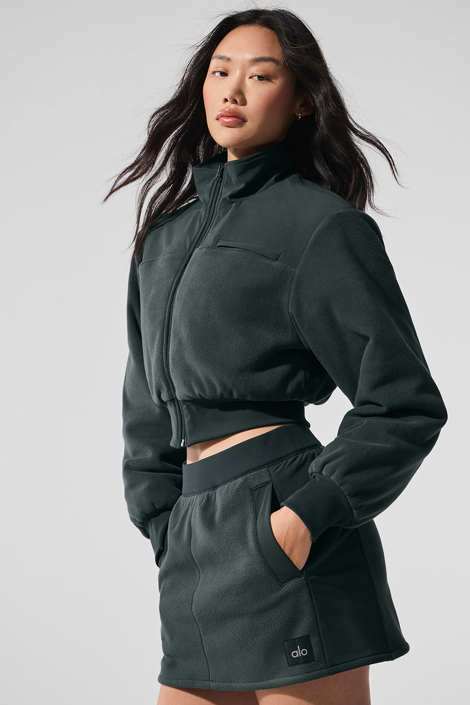 Polar Fleece Cropped Wintry Mix Jacket - Charcoal Green - Image 3
