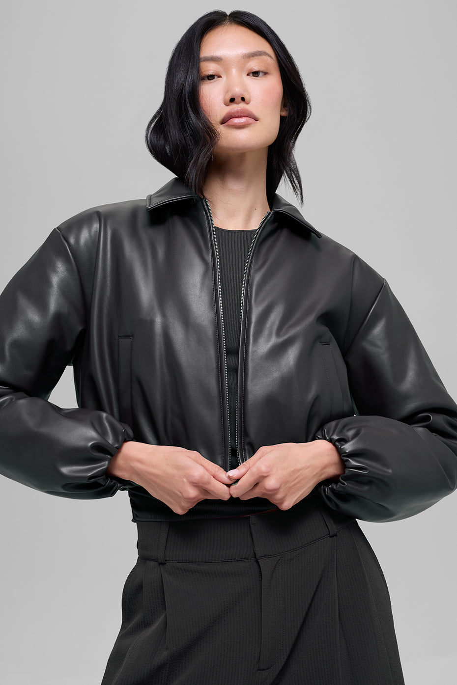 Faux Leather Cropped Premier Bomber - Black