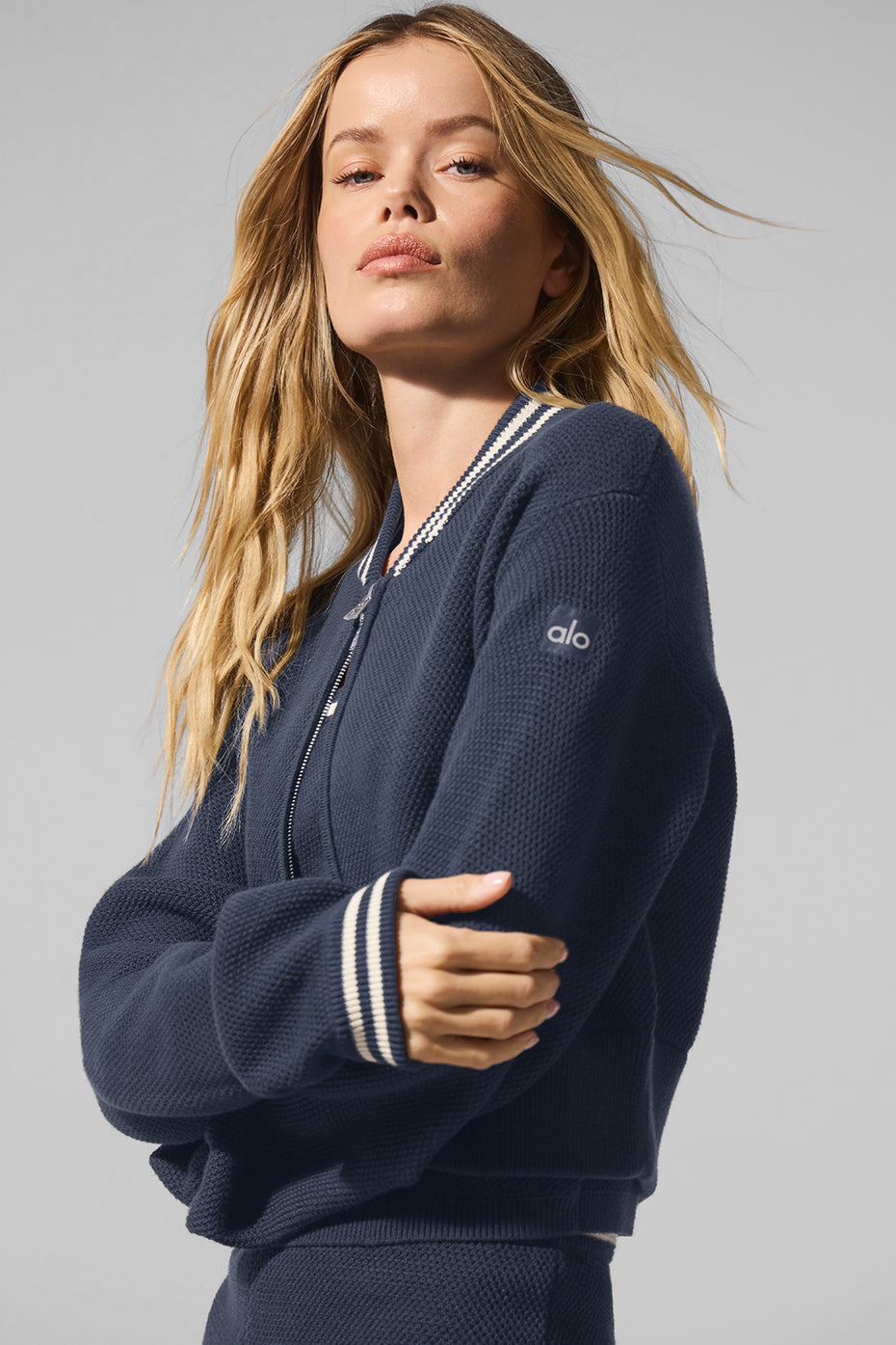 Tennis Club Sweater Knit Full Zip Jacket - Navy/Ivory - Image 2