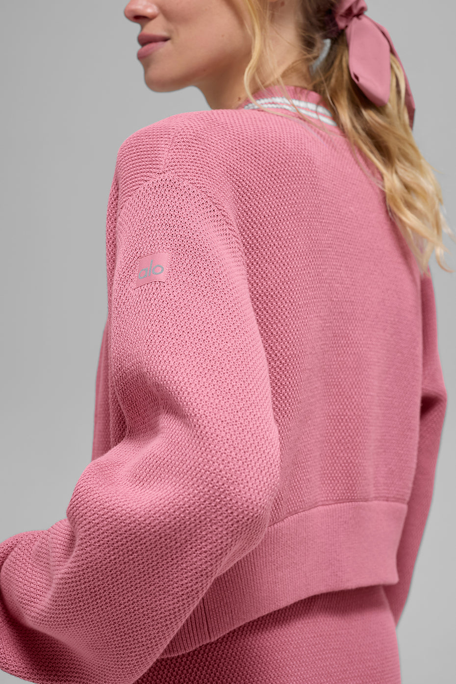Tennis Club Sweater Knit Full Zip Jacket - Pink Wild Rose/White - Image 3