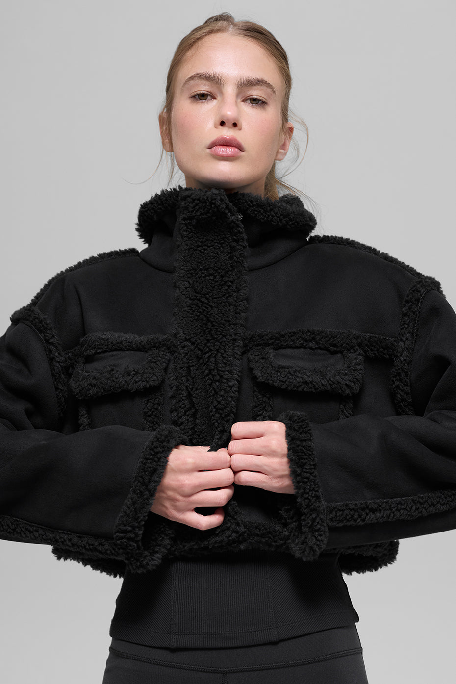 Faux Shearling Snowfall Cropped Jacket - Black