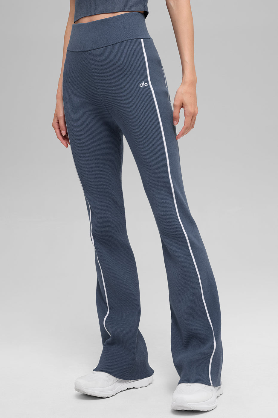 Ribbed Sweater Knit Highline Flare Pant - Bluestone/White - Image 3